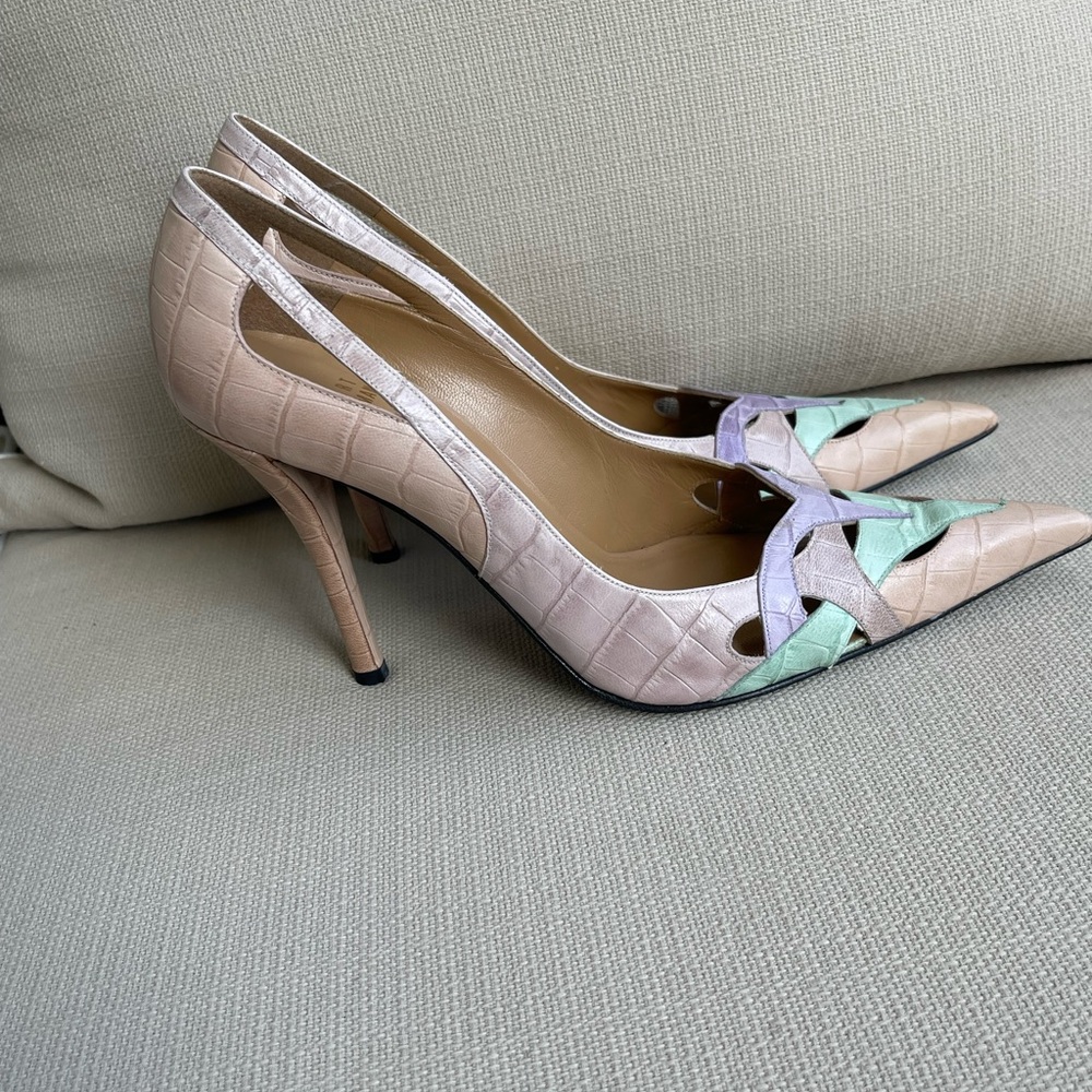 Stuart Weitzman Pastel Pink, Mint & Lavender Leather Pointed Toe HEELS SIZE 7.5 - Picture 5 of 14